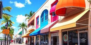 A row of colorful shops with striped awnings lines a sunny street with palm trees, blue sky, and people walking on the sidewalk.