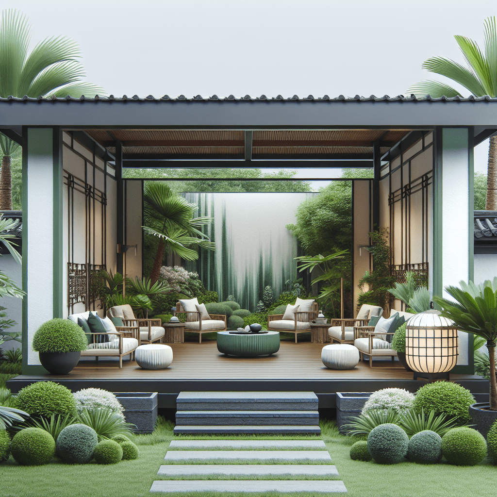 A stylish outdoor area featuring various types of patio screens installed, showcasing both functionality and aesthetic appeal with plants and seating
