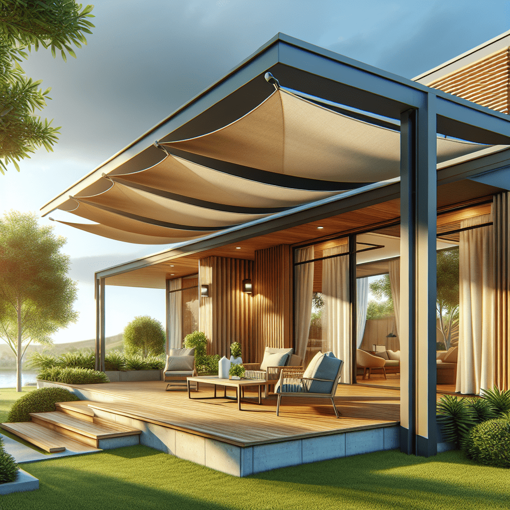 A modern home featuring various types of sun shades including <a href='https://wpt-zk19.74-50-89-39.cpanel.site/services/retractable-awning-installation-in-homestead/'>retractable awnings</a> and sail shades over a stylish deck