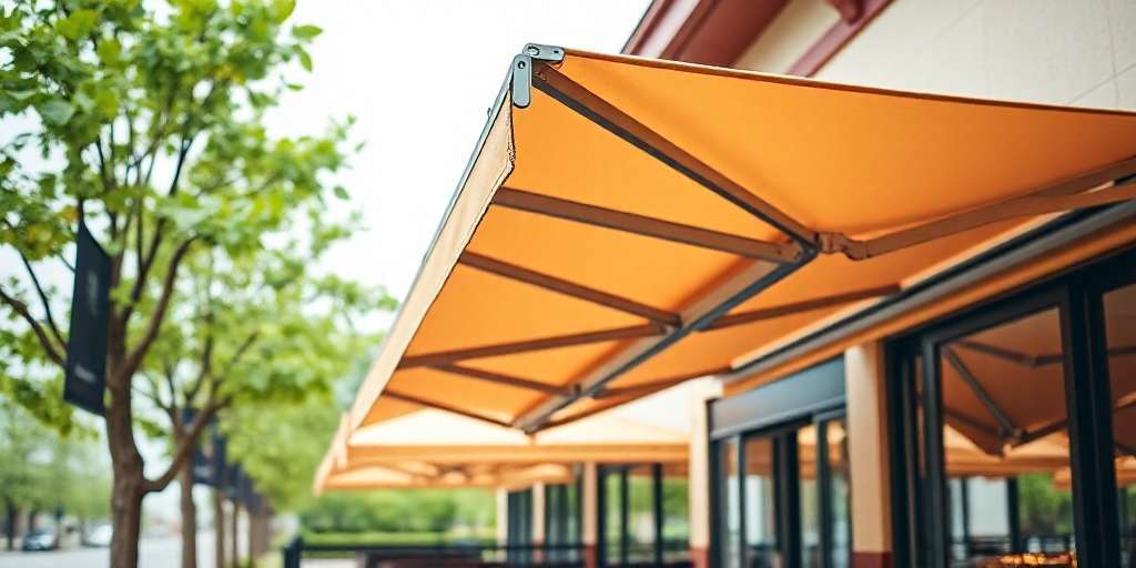 Bright yellow weatherproof business awnings extend over windows and a patio area, providing shade beside a sidewalk lined with green trees.