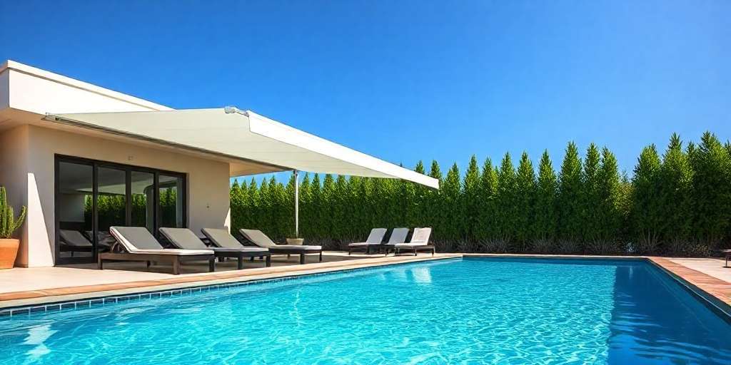 Modern house with large glass doors, sun loungers, and an extended awning beside a clear blue swimming pool. Tall green hedges line the backyard under a bright blue sky.