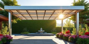 A modern pergola with a grid-patterned roof stands over a paved patio with flower beds and a central stone fountain, bathed in sunlight with greenery and trees in the background.