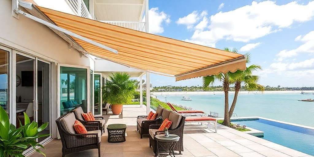 A modern patio with wicker furniture and an orange-striped retractable awning overlooks an infinity pool and a scenic waterfront with boats and palm trees under a blue sky.