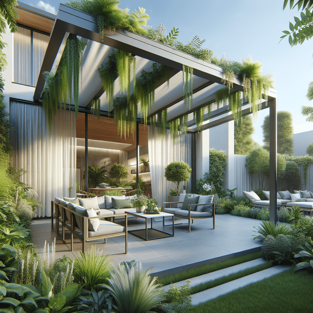 A modern backyard featuring a stylish retractable pergola with adjustable canopy, surrounded by lush greenery and patio furniture
